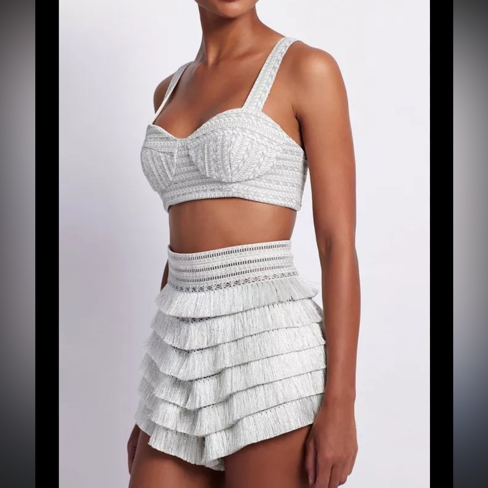 PatBO Metallic Trim Crop Top & Fringe Shorts Set